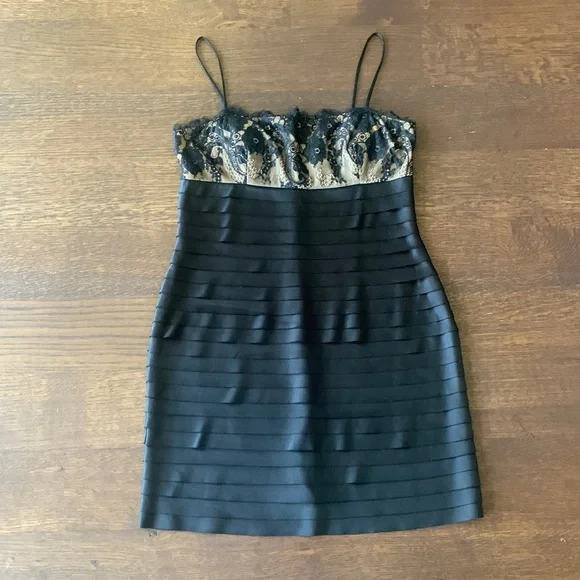 Tiered Satin Cocktail Dress with Lace - Picture 1 of 5